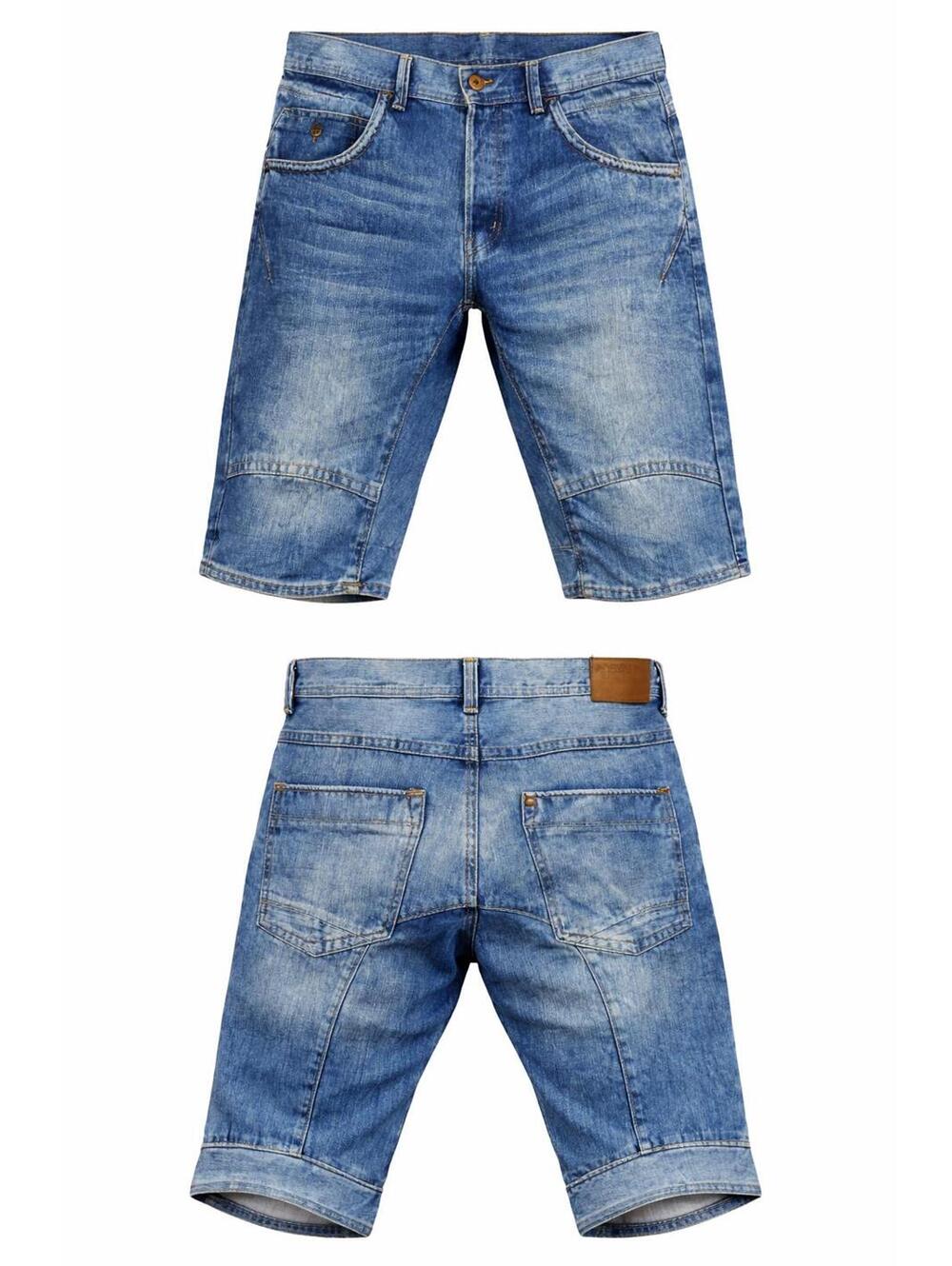 H&M Moto Denim Shorts Mens 34 Blue Distressed Button Fly Biker Panel Jean Shorts